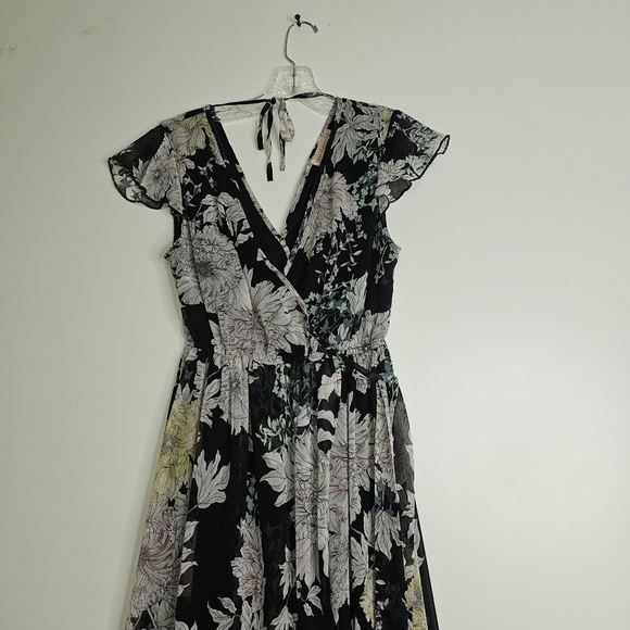 BAND of Gypsies Faux Wrap Dress  Black Floral Chiffon High Low Maxi sz S - Picture 3 of 11